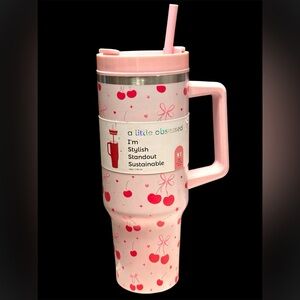 NWT•Cherry Print Pink Stainless Steel Tumbler with Straw & Handle 40oz